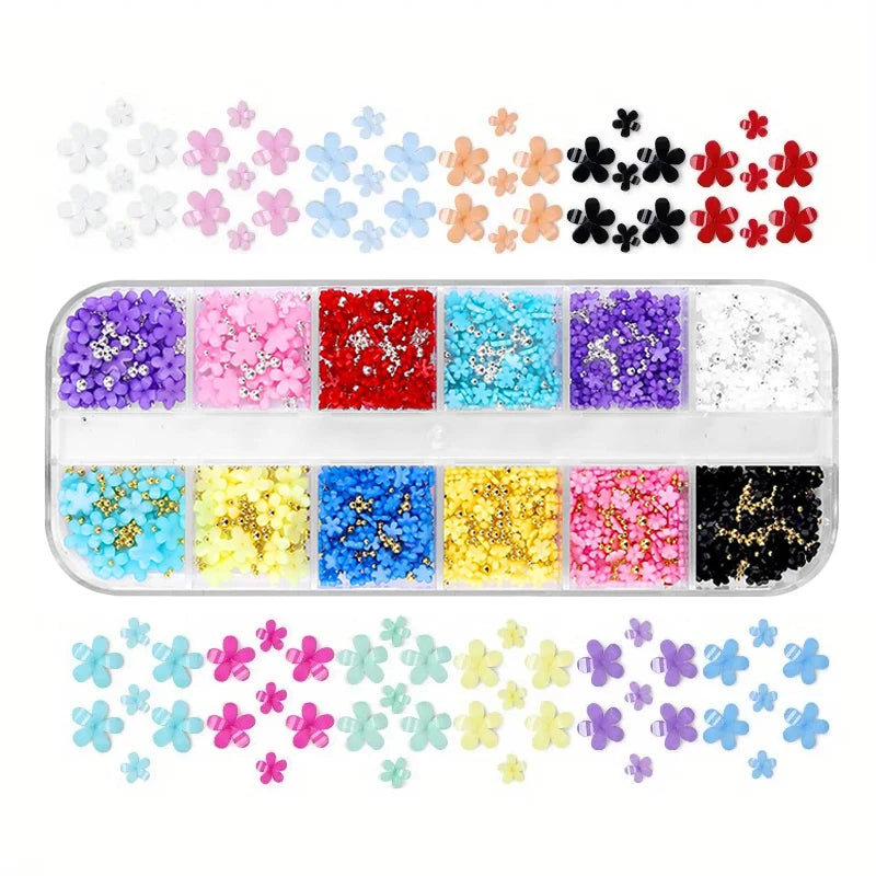 FREE SHIPPING/ 2024 12 Colors 3D Flower Nail Charms with Silver/Gold Caviar Beads