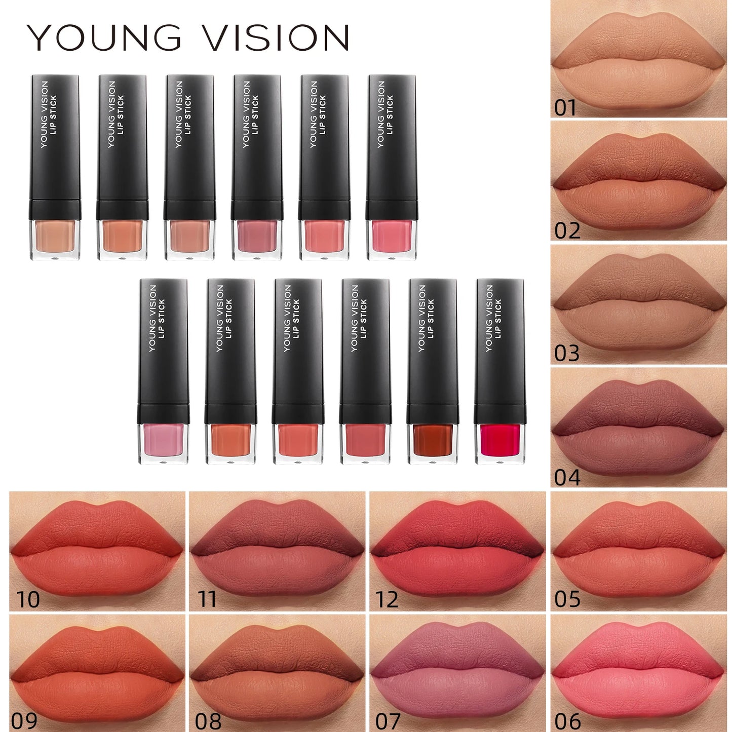 FREE SHIPPING/ 2024 YOUNG VISION 12 Color Single Stick Lipstick Velvet Not Easy To Stick Cup Matte Lipstick Makeup