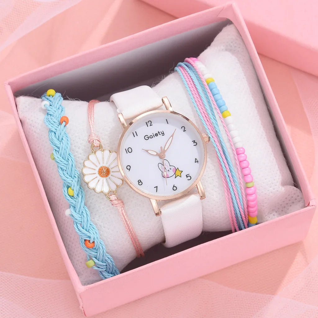 FREE SHIPPING/ New 5pcs Women Watch Bracelet Set Leather Cute Rabbit Girls  Fashion Ladies Quartz