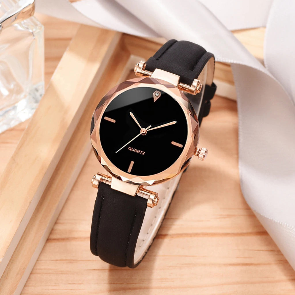 FREE SHIPPING /2pcs Luxury Fashion Women Watch Set PU Leather Strap Ladies Quartz