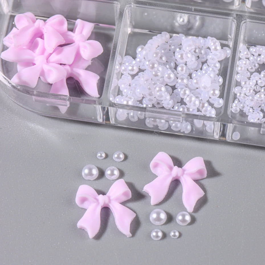 FREE SHIPPING/ 2024 .1 Box Kawaii Mini Bow 3D Cute Nail Art Decorations White Pearls Nails