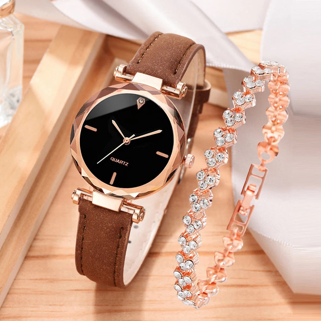 FREE SHIPPING /2pcs Luxury Fashion Women Watch Set PU Leather Strap Ladies Quartz