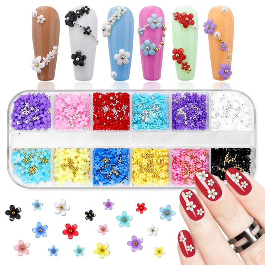 FREE SHIPPING/ 2024 12 Colors 3D Flower Nail Charms with Silver/Gold Caviar Beads