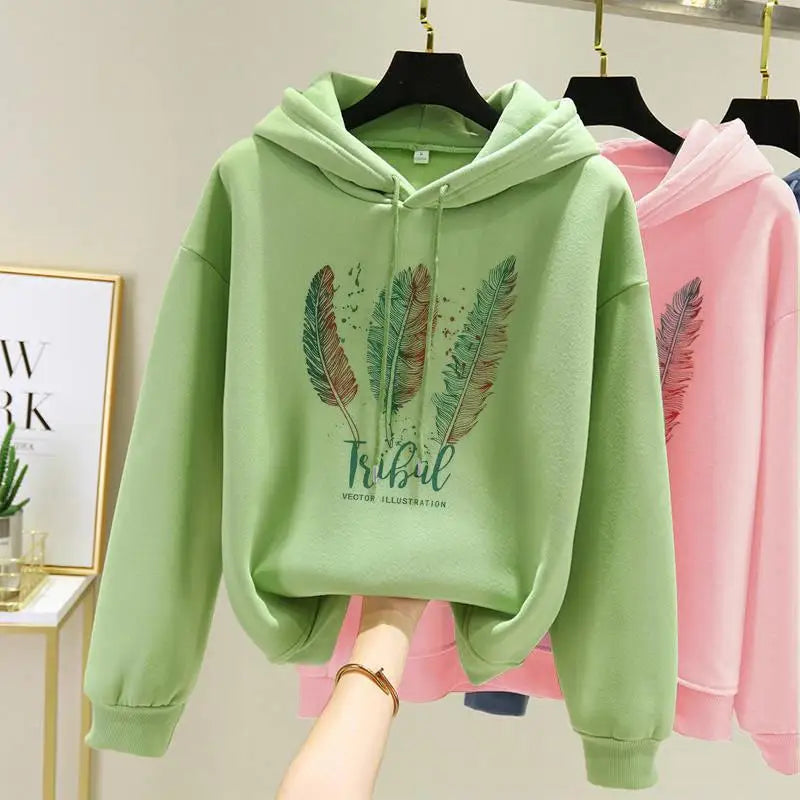  Fashion Feather Printed Hoodies Autumn Winter