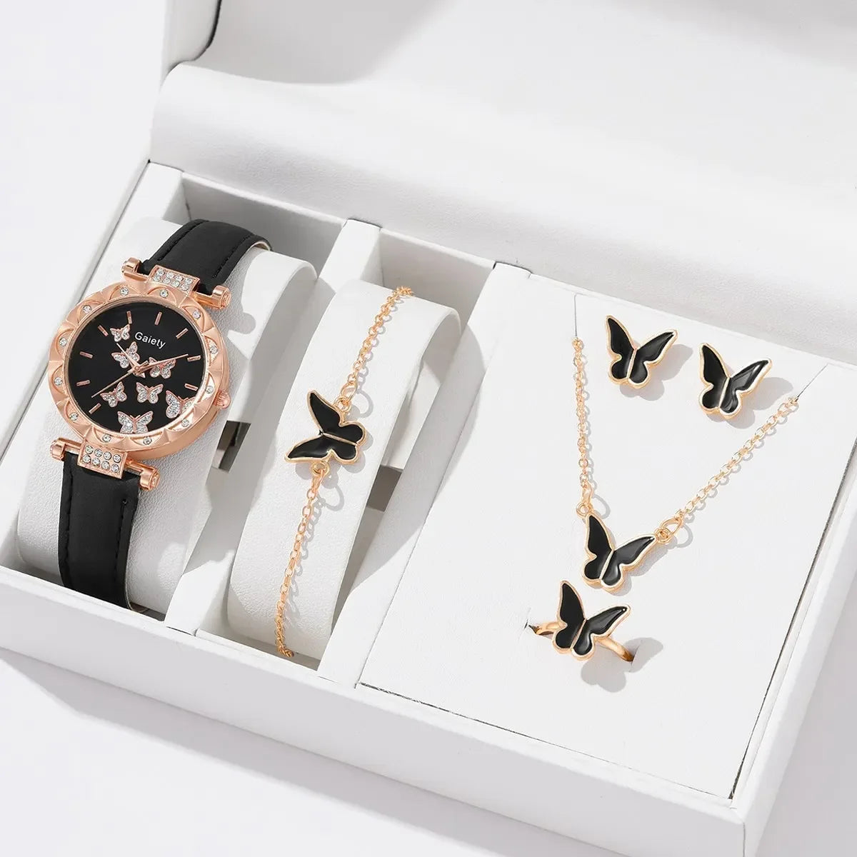 FREE SHIPPING /6/1pcs Set Women Watch Ring Necklace Earrings Bracelet Set Watches Butterfly Leather Strap