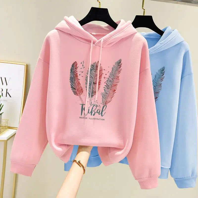  Fashion Feather Printed Hoodies Autumn Winter