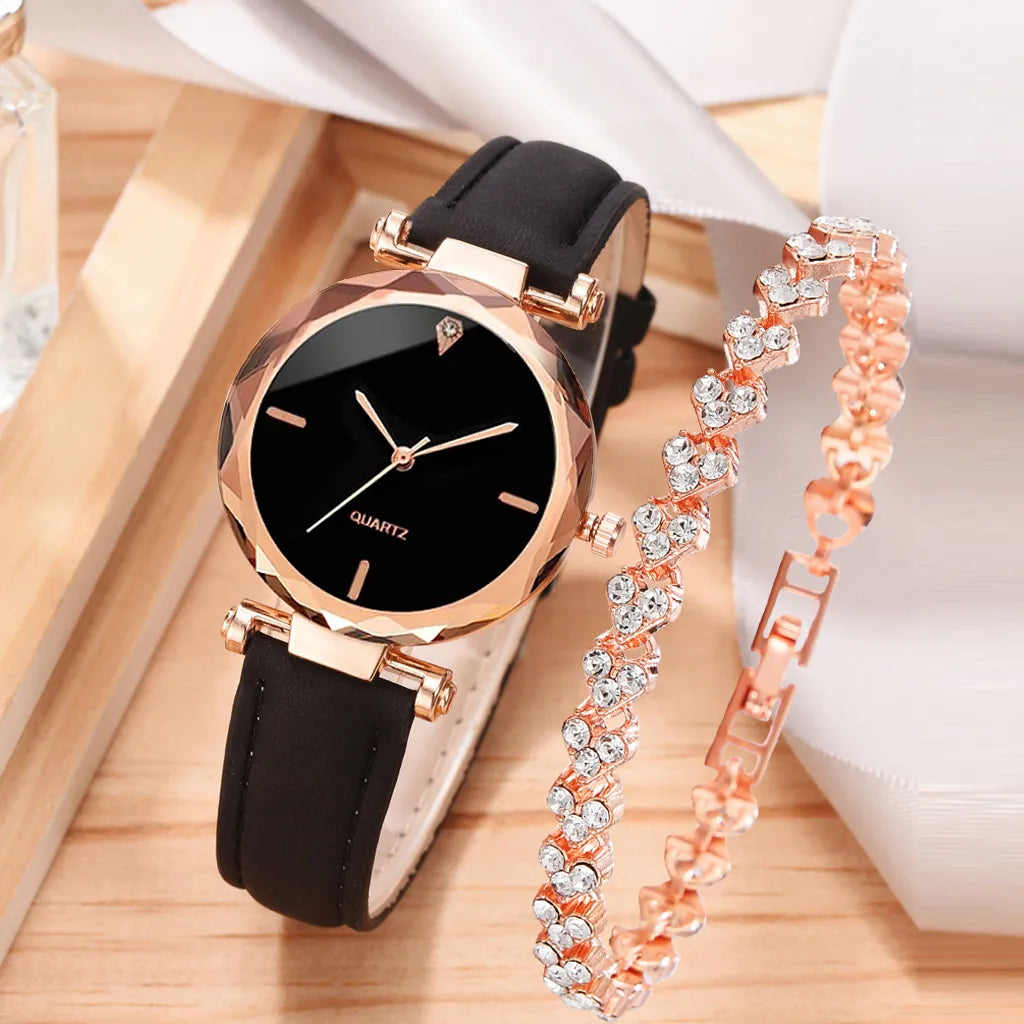 FREE SHIPPING /2pcs Luxury Fashion Women Watch Set PU Leather Strap Ladies Quartz