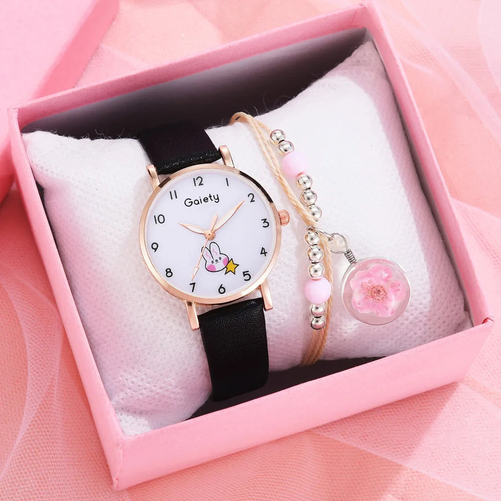 FREE SHIPPING/ New 5pcs Women Watch Bracelet Set Leather Cute Rabbit Girls  Fashion Ladies Quartz