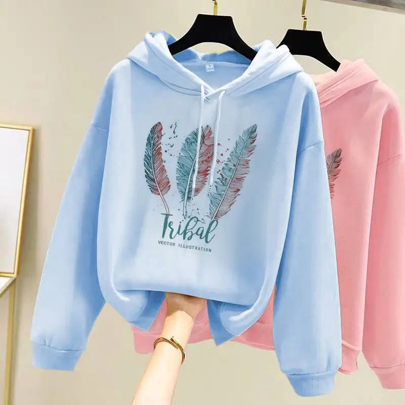  Fashion Feather Printed Hoodies Autumn Winter