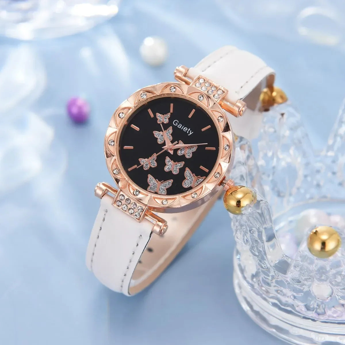 FREE SHIPPING /6/1pcs Set Women Watch Ring Necklace Earrings Bracelet Set Watches Butterfly Leather Strap