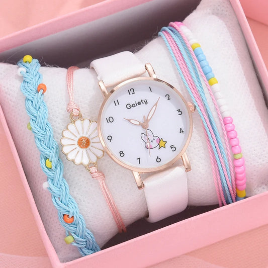 FREE SHIPPING/ New 5pcs Women Watch Bracelet Set Leather Cute Rabbit Girls  Fashion Ladies Quartz