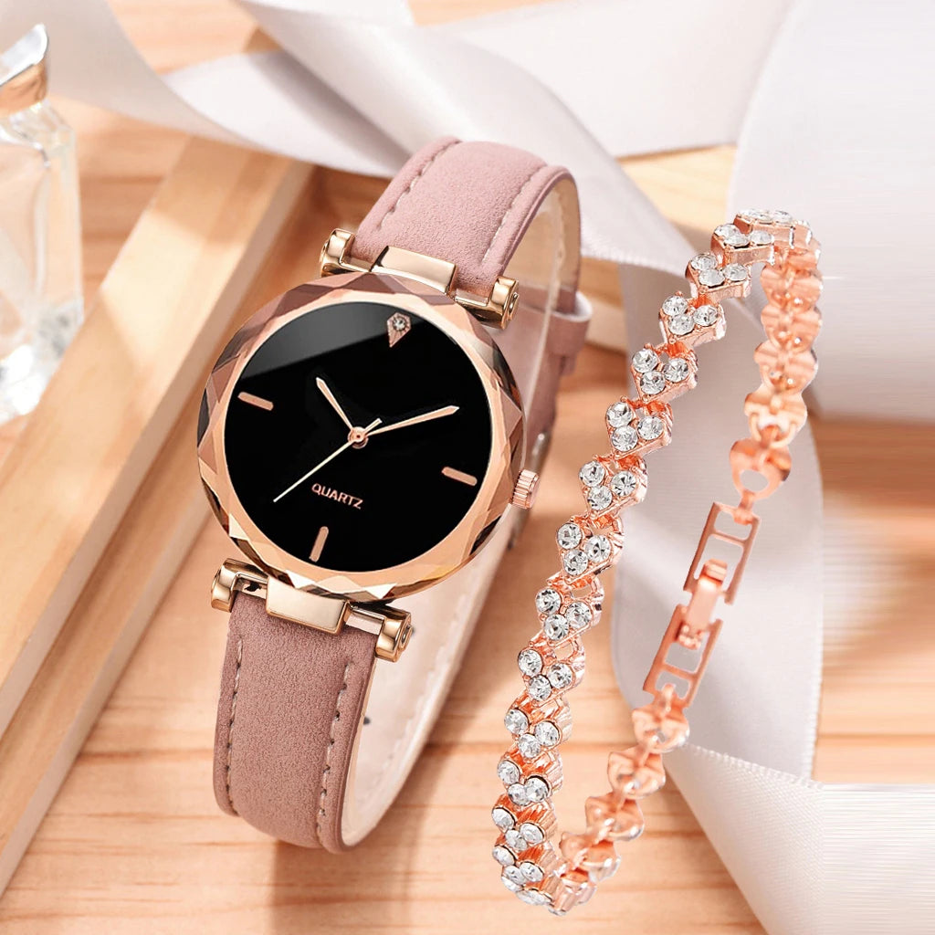 FREE SHIPPING /2pcs Luxury Fashion Women Watch Set PU Leather Strap Ladies Quartz