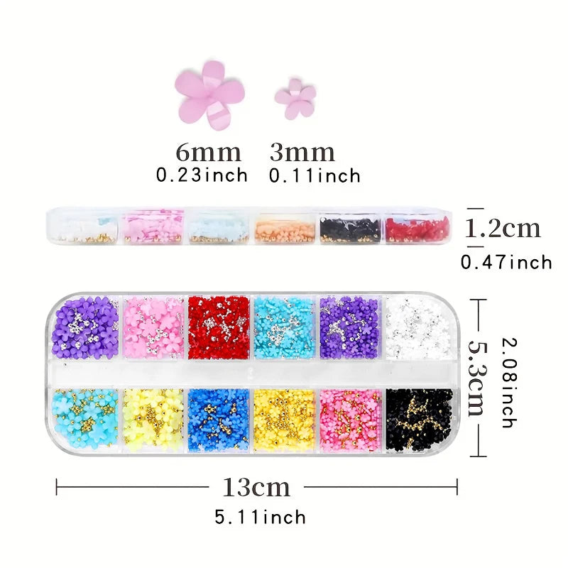 FREE SHIPPING/ 2024 12 Colors 3D Flower Nail Charms with Silver/Gold Caviar Beads