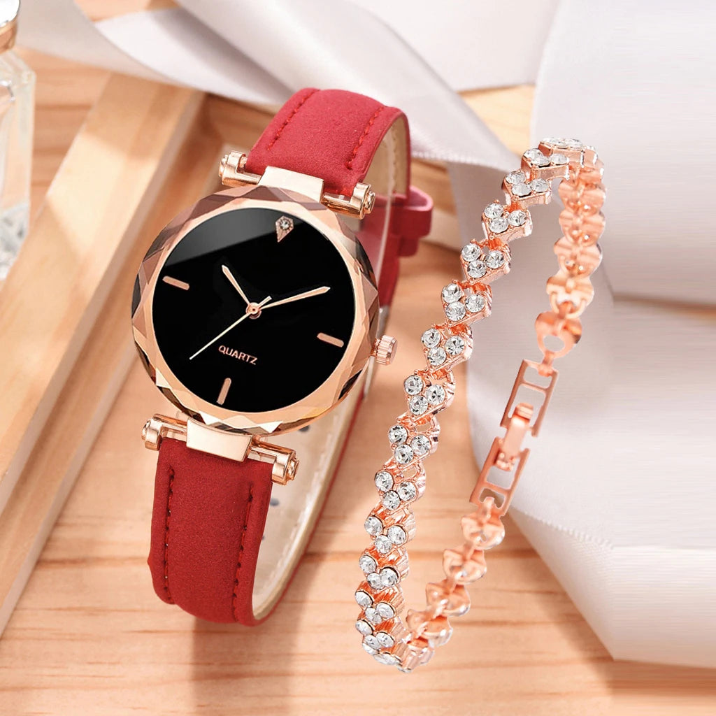 FREE SHIPPING /2pcs Luxury Fashion Women Watch Set PU Leather Strap Ladies Quartz