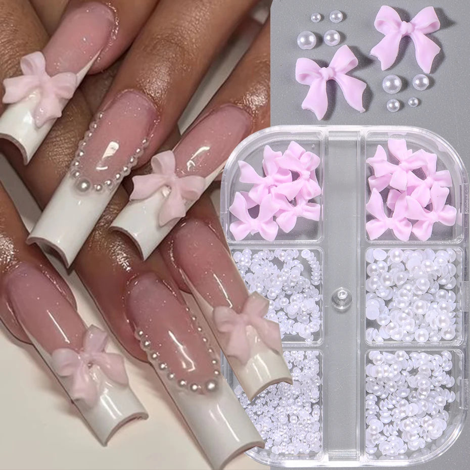 FREE SHIPPING/ 2024 .1 Box Kawaii Mini Bow 3D Cute Nail Art Decorations White Pearls Nails