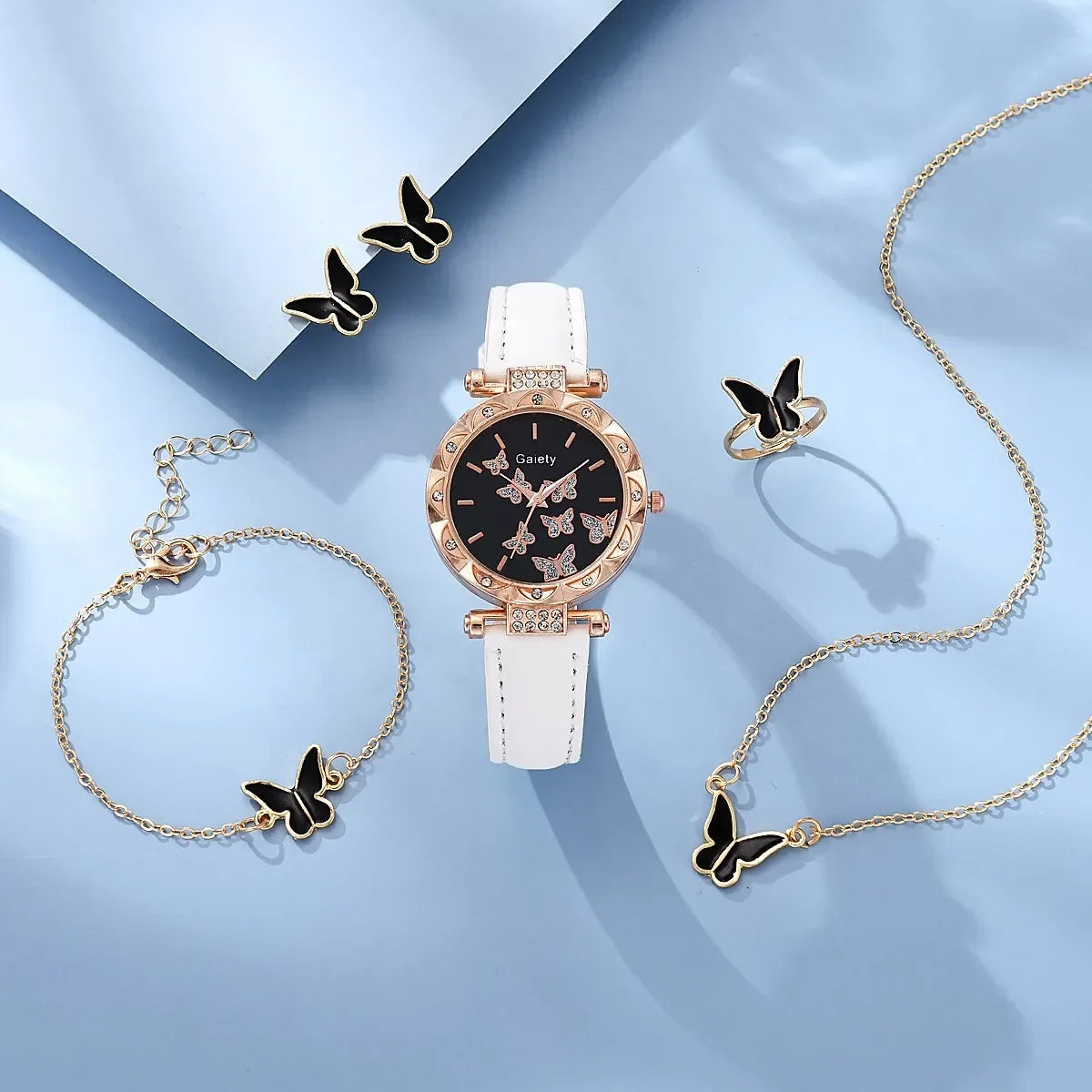 FREE SHIPPING /6/1pcs Set Women Watch Ring Necklace Earrings Bracelet Set Watches Butterfly Leather Strap