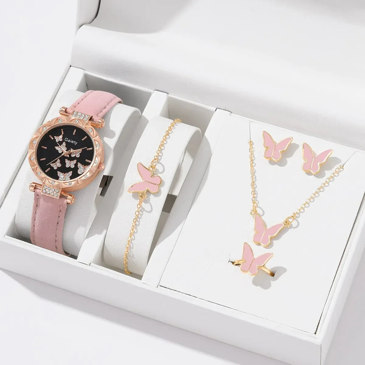 FREE SHIPPING /6/1pcs Set Women Watch Ring Necklace Earrings Bracelet Set Watches Butterfly Leather Strap