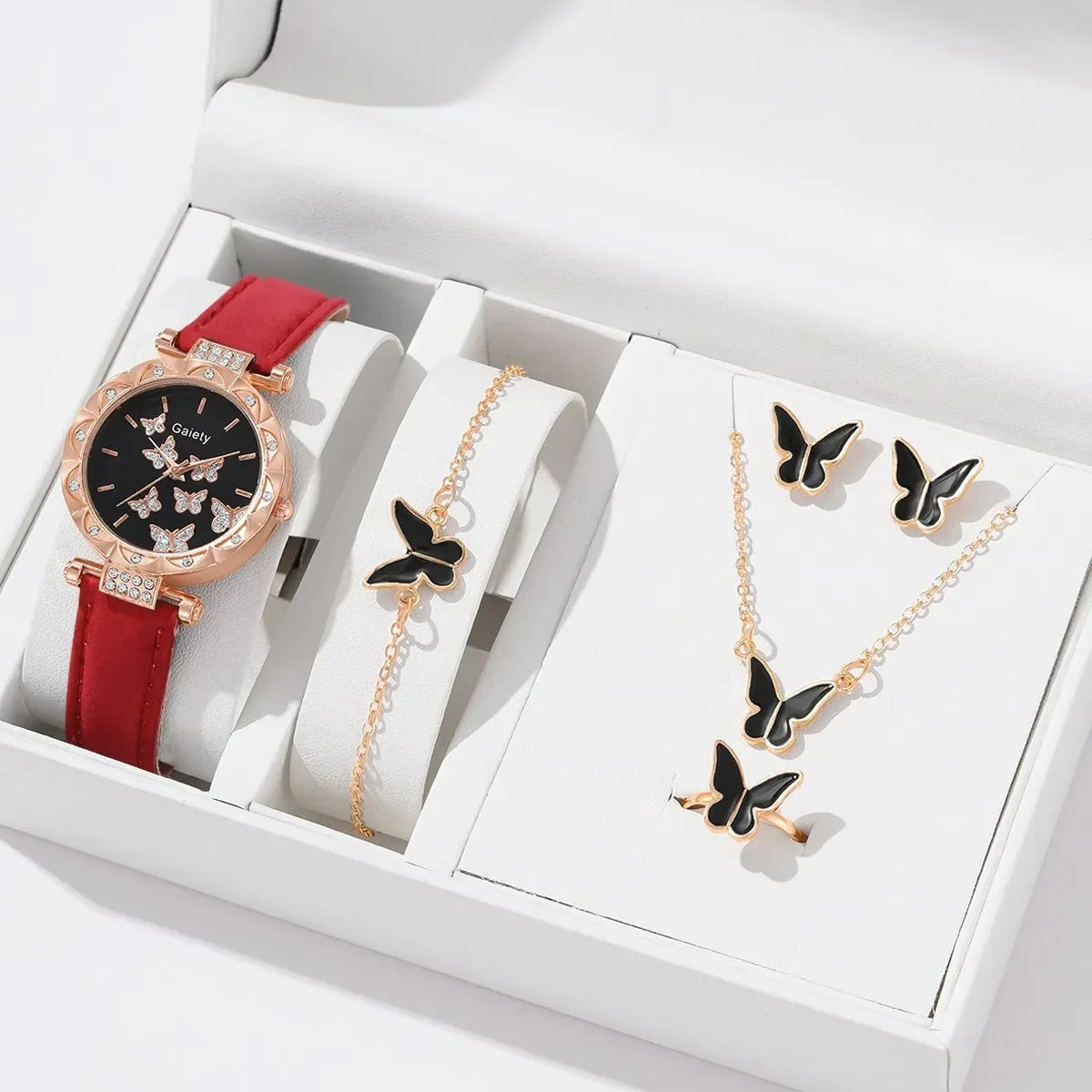 FREE SHIPPING /6/1pcs Set Women Watch Ring Necklace Earrings Bracelet Set Watches Butterfly Leather Strap