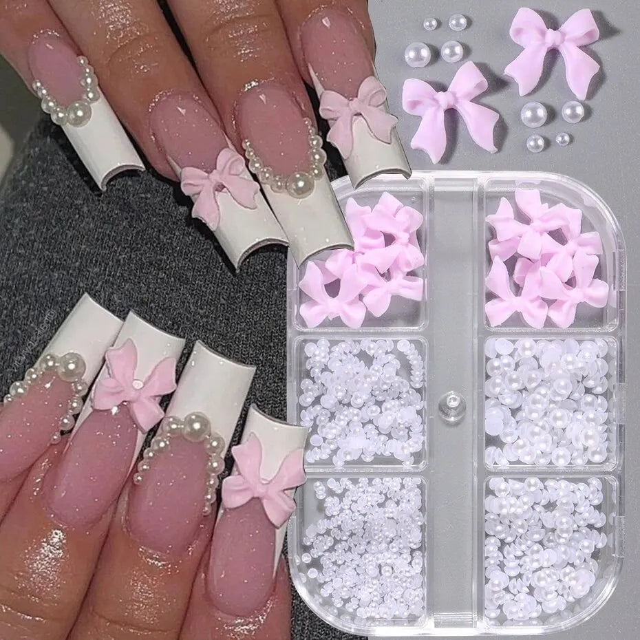 FREE SHIPPING/ 2024 .1 Box Kawaii Mini Bow 3D Cute Nail Art Decorations White Pearls Nails