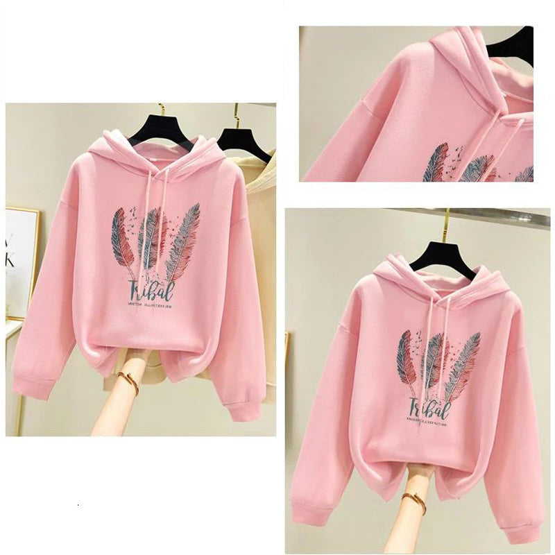  Fashion Feather Printed Hoodies Autumn Winter