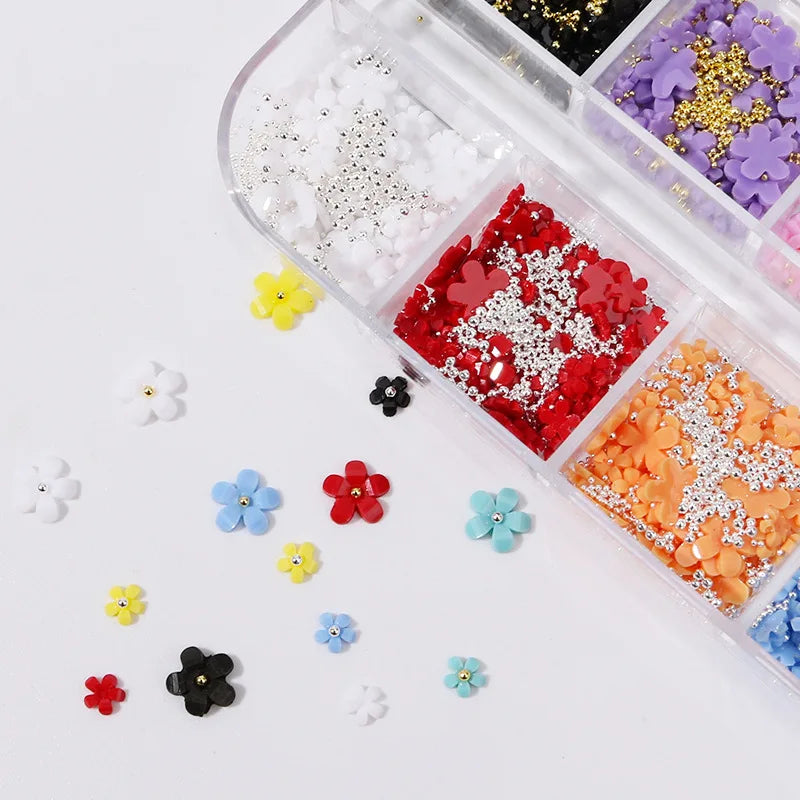 FREE SHIPPING/ 2024 12 Colors 3D Flower Nail Charms with Silver/Gold Caviar Beads