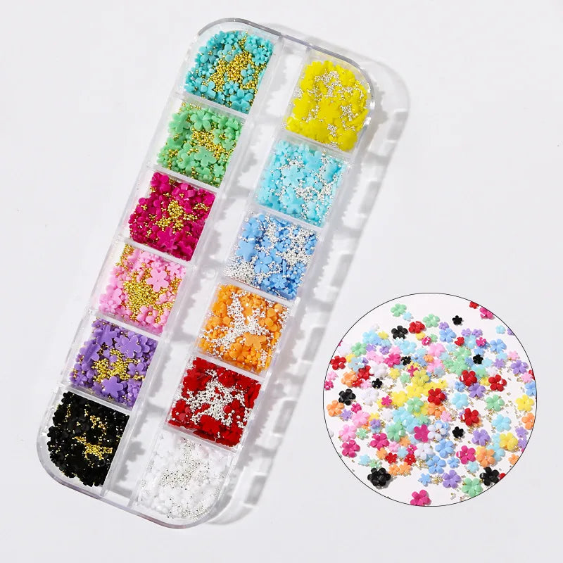 FREE SHIPPING/ 2024 12 Colors 3D Flower Nail Charms with Silver/Gold Caviar Beads