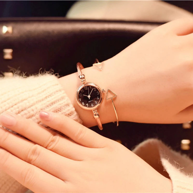 FREE SHIPPING / Small Gold Bangle Bracelet Luxury Watch Stainless Steel Retro Ladies