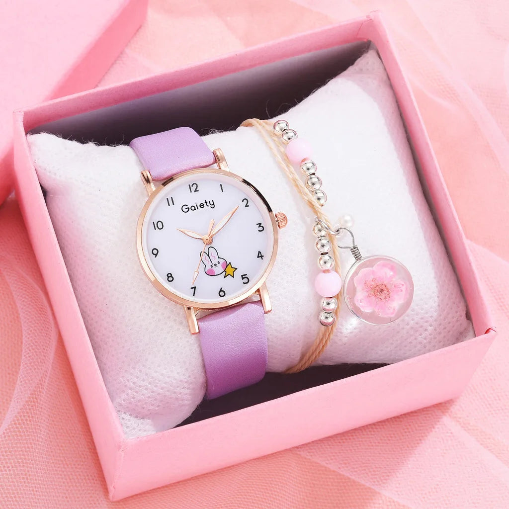 FREE SHIPPING/ New 5pcs Women Watch Bracelet Set Leather Cute Rabbit Girls  Fashion Ladies Quartz