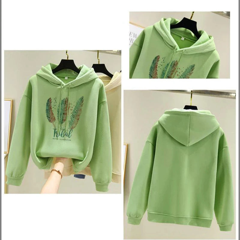  Fashion Feather Printed Hoodies Autumn Winter