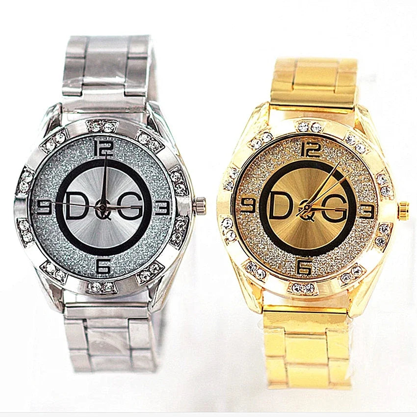 FREE SHIPPING/ 2024 Fashion Luxury Watch DQG Crystal Quartz Female Watch Gold Silver Stainless Steel Ladies