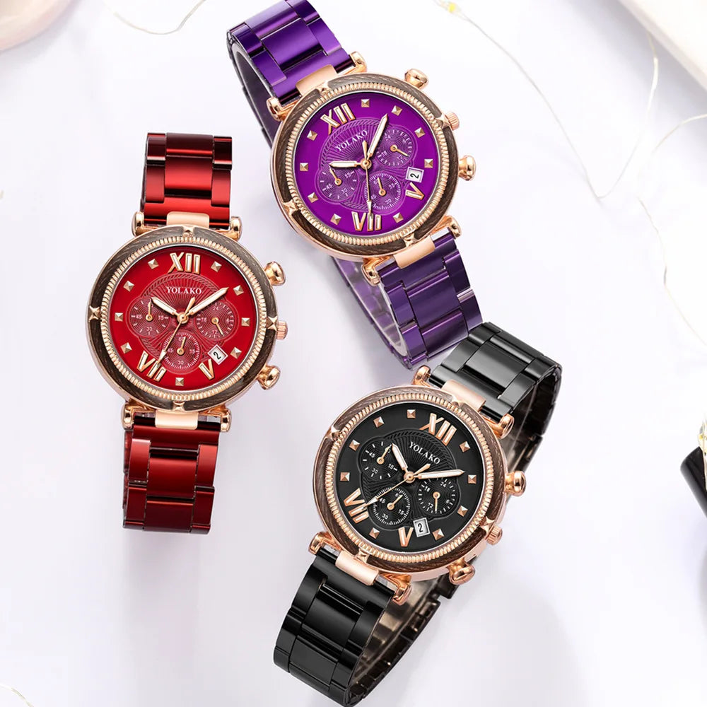 FREE SHIPPING/ 2024 Fashion 5pcs Watch Set Women  Stainless Steel Auto Date Quartz