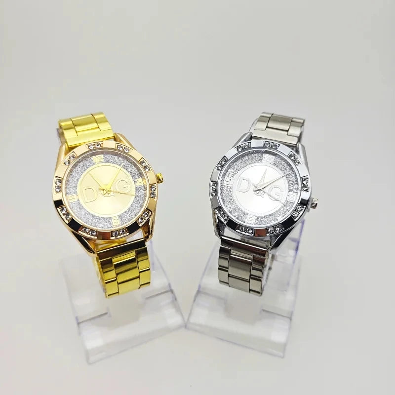 FREE SHIPPING/ 2024 Fashion Luxury Watch DQG Crystal Quartz Female Watch Gold Silver Stainless Steel Ladies