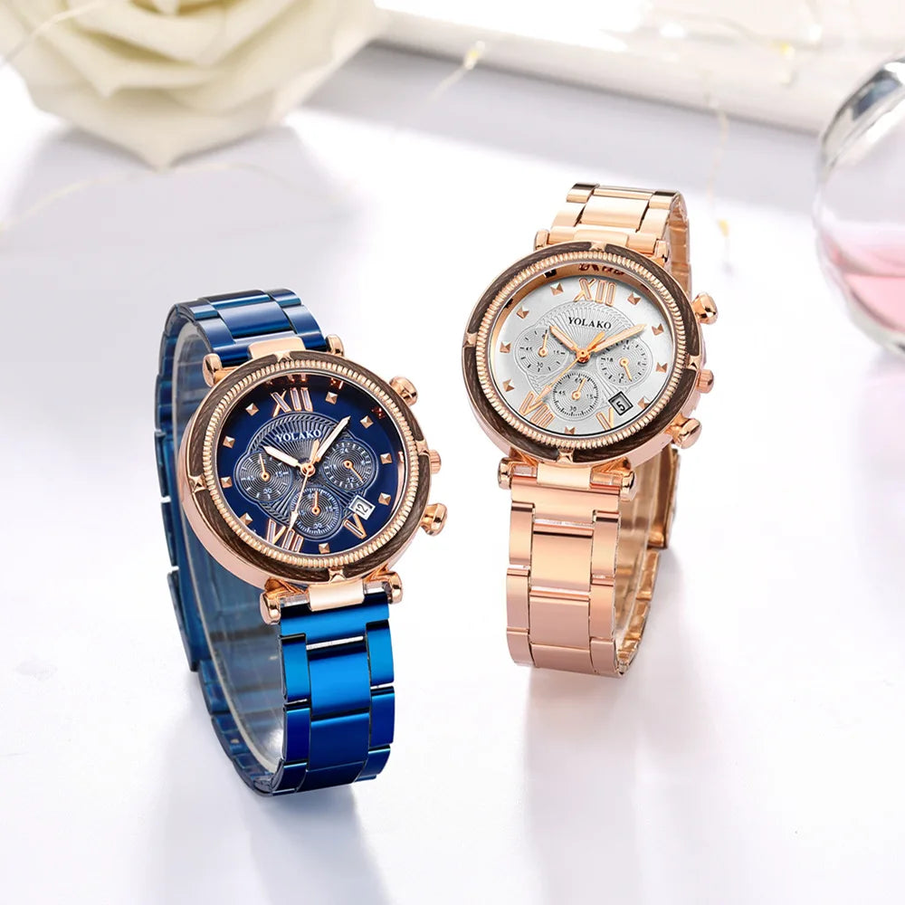 FREE SHIPPING/ 2024 Fashion 5pcs Watch Set Women  Stainless Steel Auto Date Quartz