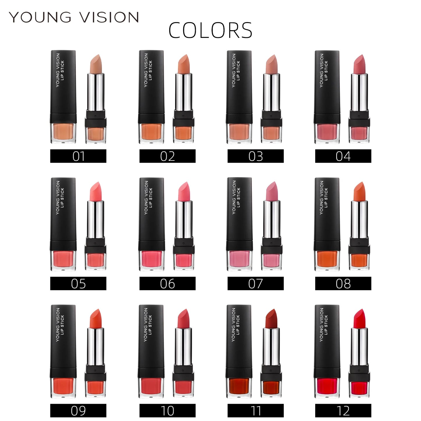 FREE SHIPPING/ 2024 YOUNG VISION 12 Color Single Stick Lipstick Velvet Not Easy To Stick Cup Matte Lipstick Makeup